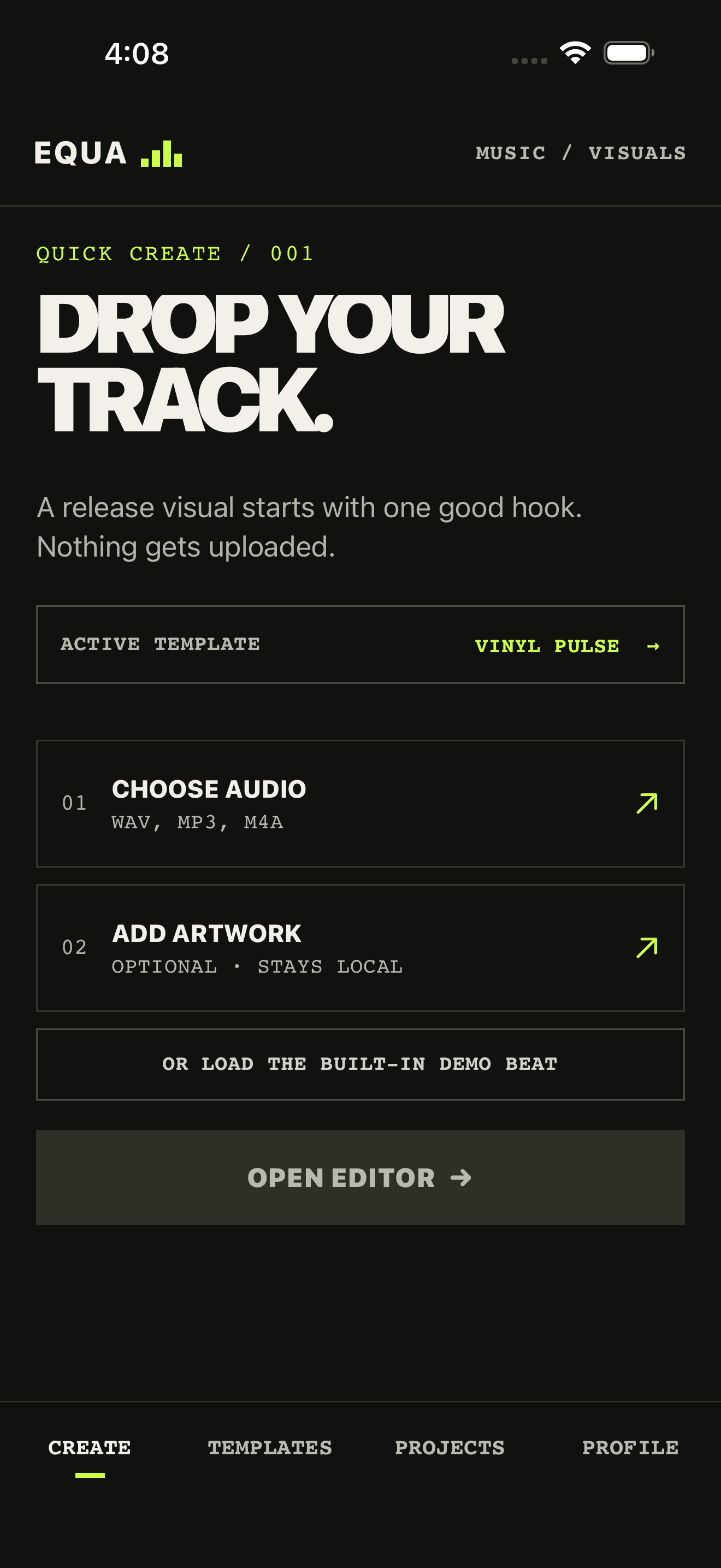 Create a new EQUA music visual from local track and artwork