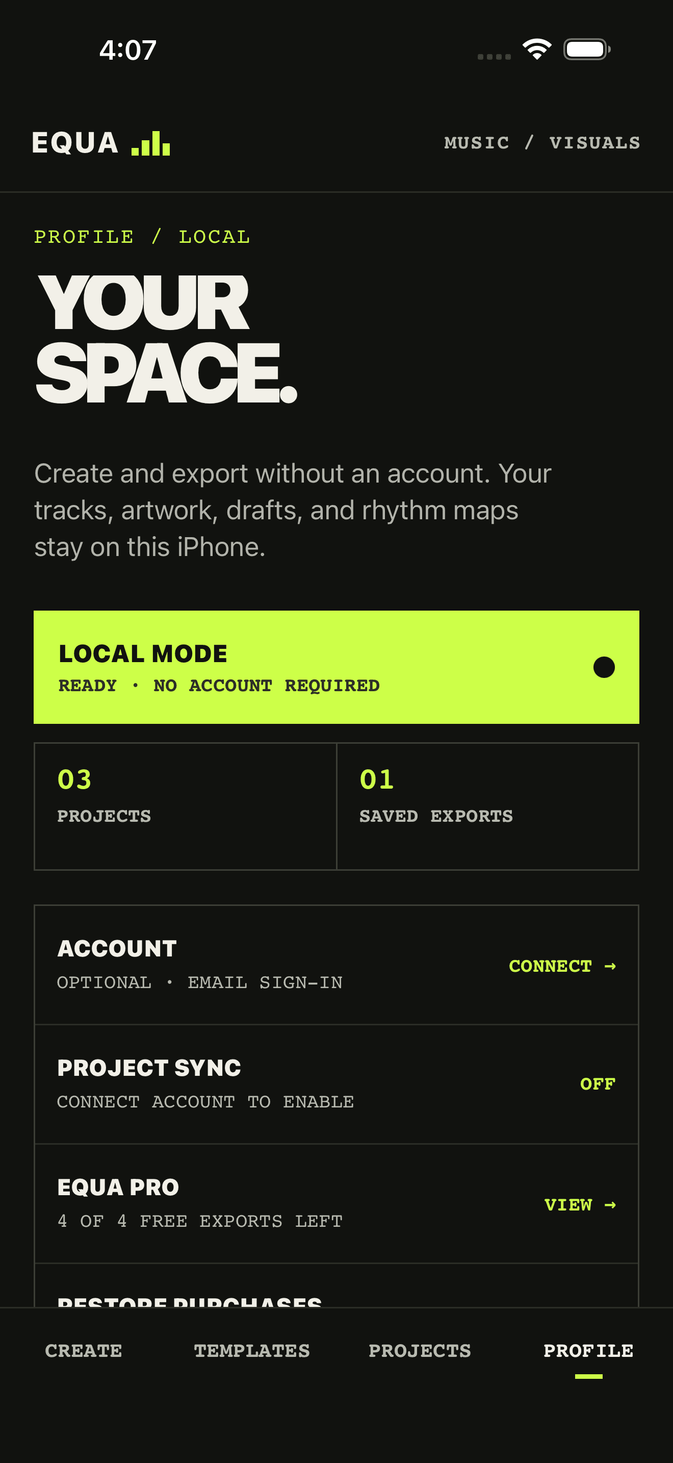 EQUA profile with optional account and JSON-only sync